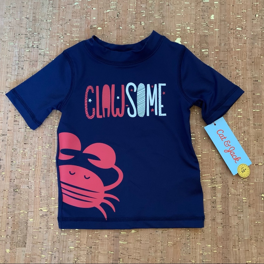 Cat & Jack RashGuard Blue Short Sleeve Swim Shirt Clawsome Crab UPF 50+ Boys 9M